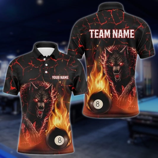 Custom Wolf Flaming 8 Ball Billiard Polo Shirt Mens, Custom Wolf Billiard Team Shirts BLD0161
