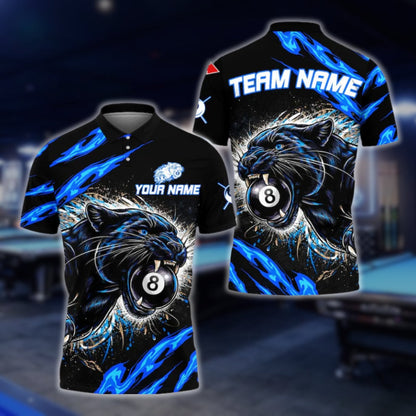 Custom Panther 8 Ball Black And Blue Billiard Men's Polo Shirt, Custom Panther Billiard Team Shirts BLD0067