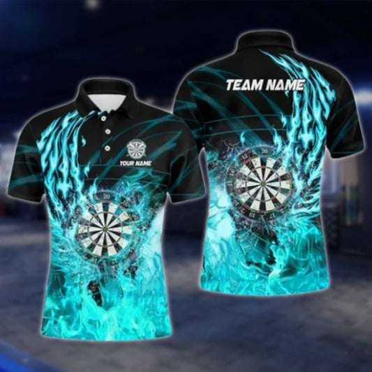Custom Flaming Cyan Dart Polo Shirt For Men, Custom Flame Dart Team Shirt DAT0406