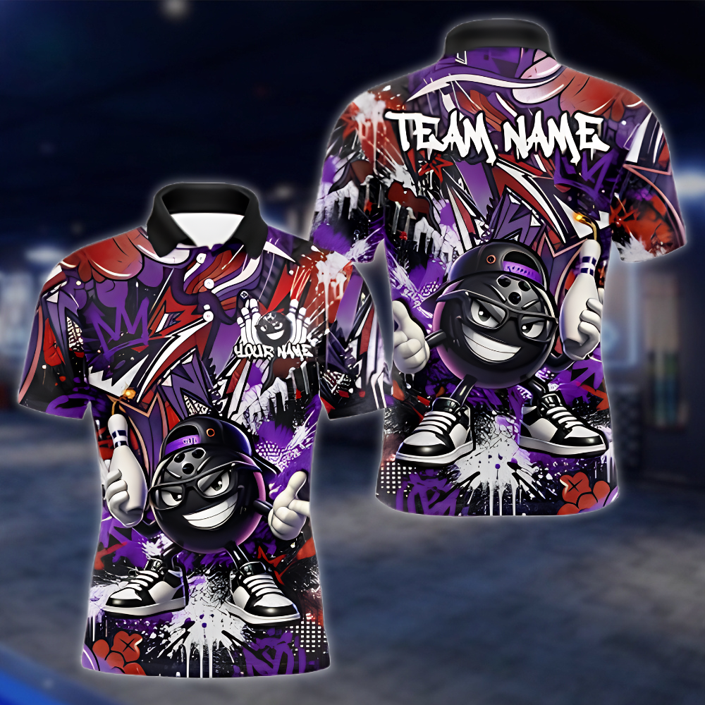 Funny Ball Personalized Graffiti Mens Bowling Polo Shirt, Custom Team Bowling Shirt BZ0914 BOW0012