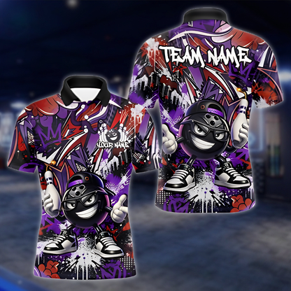Funny Ball Personalized Graffiti Mens Bowling Polo Shirt, Custom Team Bowling Shirt BZ0914 BOW0012