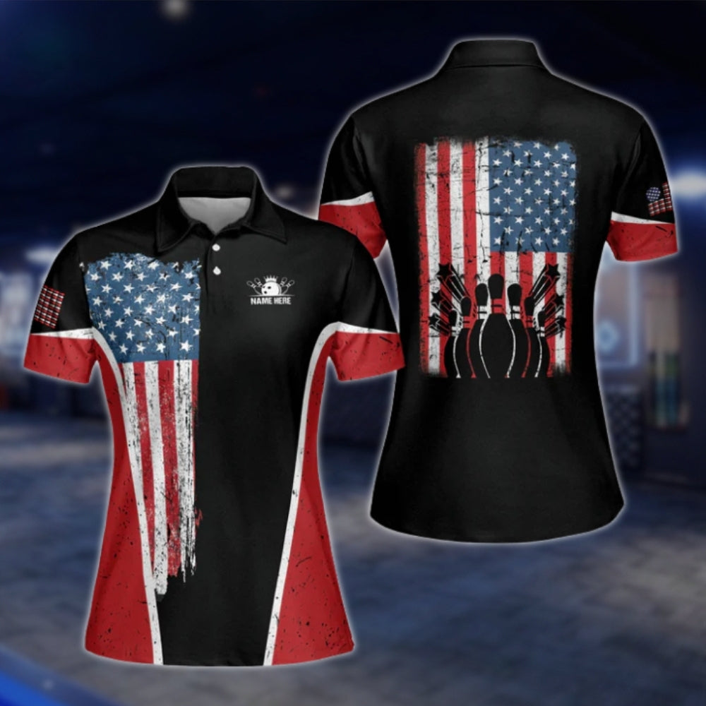 Custom Womens American Flag Bowling Polo Shirt, Red Black Custom Patriotic Ladies Bowling Shirts BW0039 BOW0248