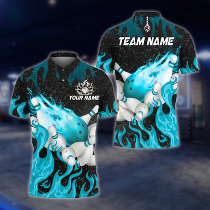 Personalized Flaming Cyan Bowling Polo Shirt, Custom Flame Team Bowling Shirts BZ0745 BOW0174