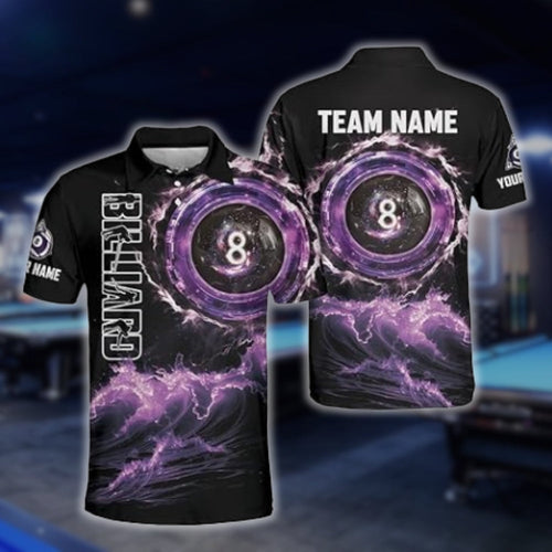 Custom Team Black And Purple 8 Ball Billiard Polo Shirt Mens, Custom 8 Ball Billiard Shirts For Team BLD0080
