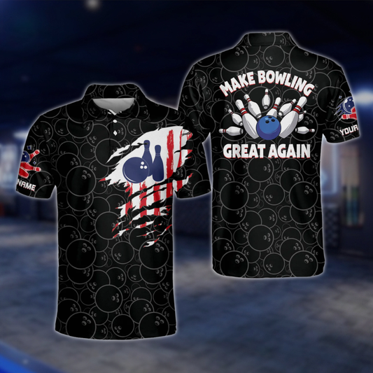 Make Bowling Great Again Custom USA Flag Black Bowling Polo Shirt For Mens, Custom Patriotic Bowling Shirts BM0085 BOW0334