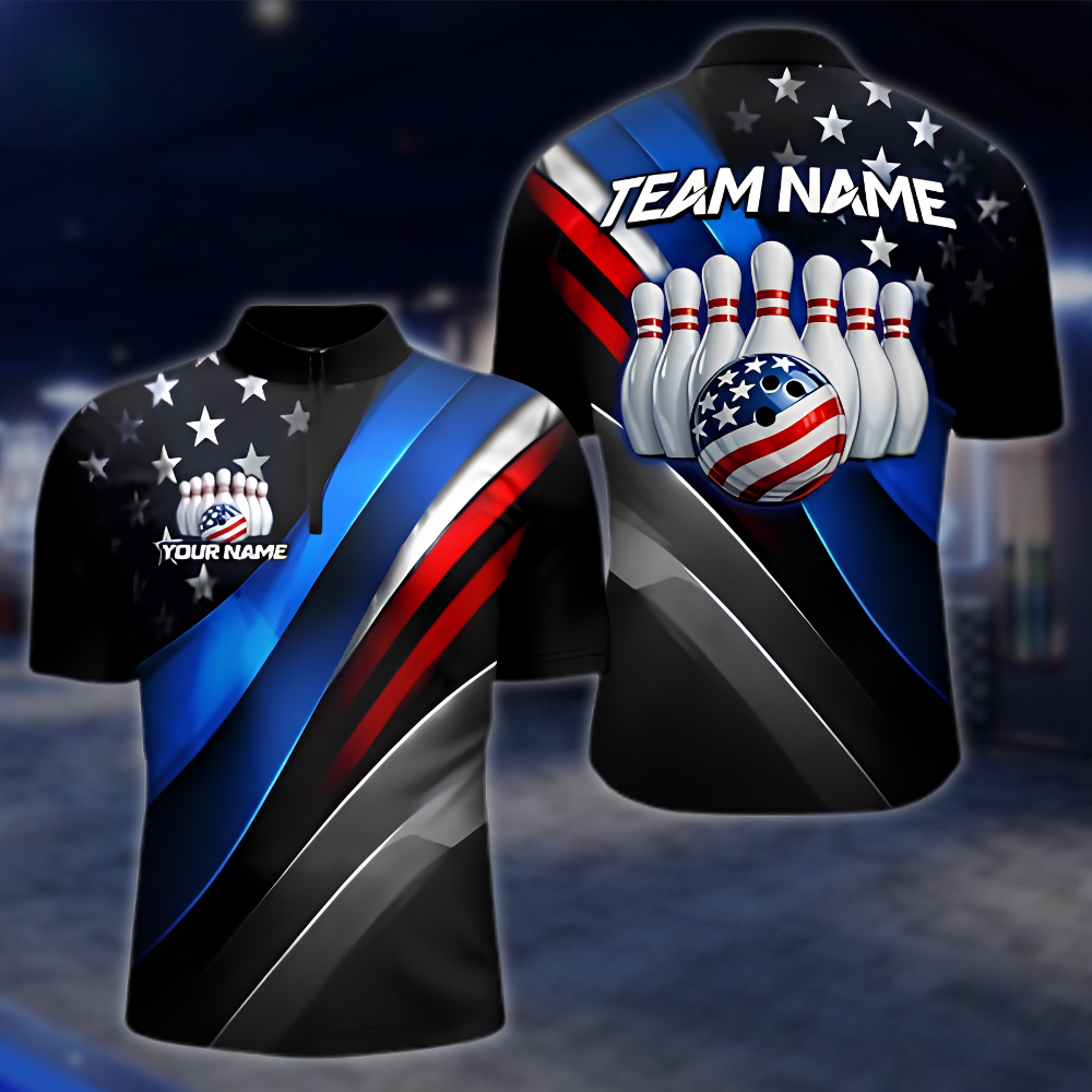 Personalized Neon USA Flag Bowling Mens Jersey, Custom Patriotic Bowling Shirt Team BZ0878 BOW0065