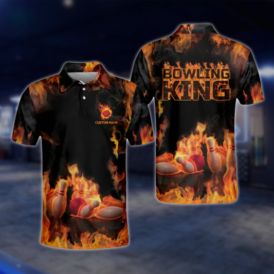 Personalised Mens Bowling King Flame Polo Shirts, Custom Flame Bowling Shirts BM0294 BOW0480