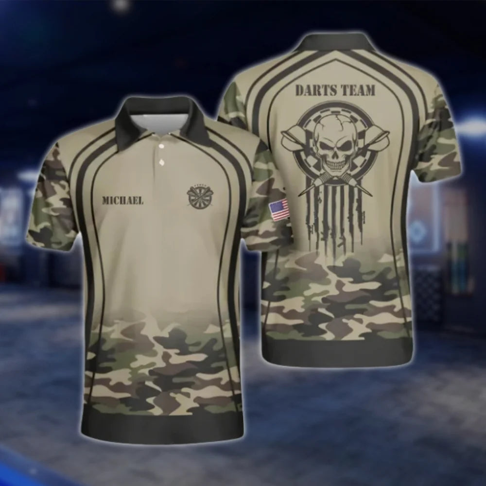 Custom Skull Camo Mens Dart Polo Shirt Brown, Custom Camo Dart Team Shirts DAT0376