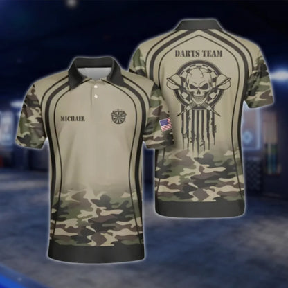 Custom Skull Camo Mens Dart Polo Shirt Brown, Custom Camo Dart Team Shirts DAT0376
