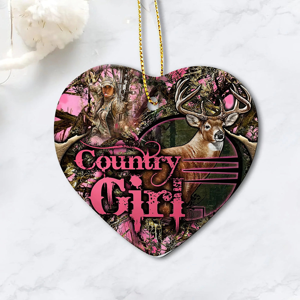 Country Girl Deer Hunting Heart Ceramic Ornament Christmas Gift Tad ORN0090