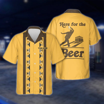 Here For The Beer Custom Mens Bowling Hawaiian Shirts, Custom Beer Lover Bowling Shirts BZ0010 BOW0293