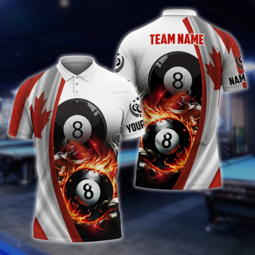 Custom Canada Flag Flaming 8 Ball Billiard Men's Polo Shirt, Custom Canada Billiard Team Shirts BLD0051