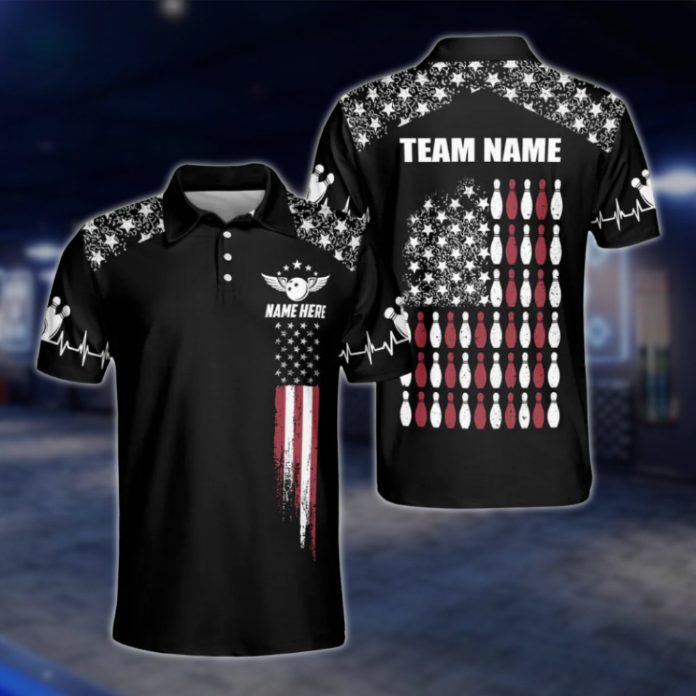Personalised American Flag Black Polo Bowling Team Shirts, Custom Patriotic Bowling Shirts Team BZ0049 BOW0460