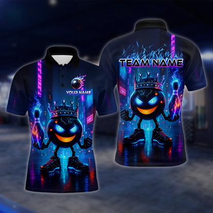Personalized King Ball Flame Bowling Polo Shirt For Men, Custom Flame Bowling Team Shirt Neon BZ0881 BOW0062