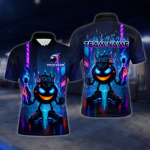 Personalized King Ball Flame Bowling Polo Shirt For Men, Custom Flame Bowling Team Shirt Neon BZ0881 BOW0062