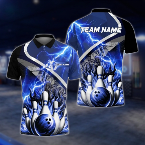 Personalized Blue Flame Thunder Bowling Polo Shirt Men, Custom Flame Bowling Shirt Team BZ0804 BOW0103