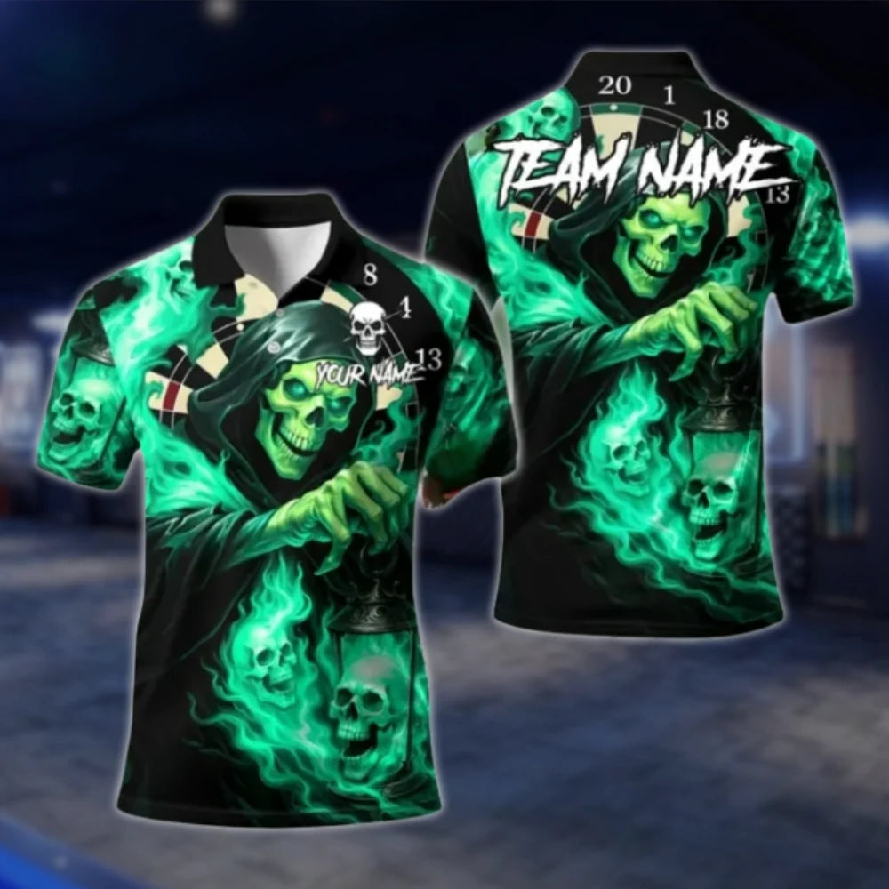 Custom Skull Green Flame Dart Polo Shirt Men, Custom Skull Dart Shirt For Team DAT0346