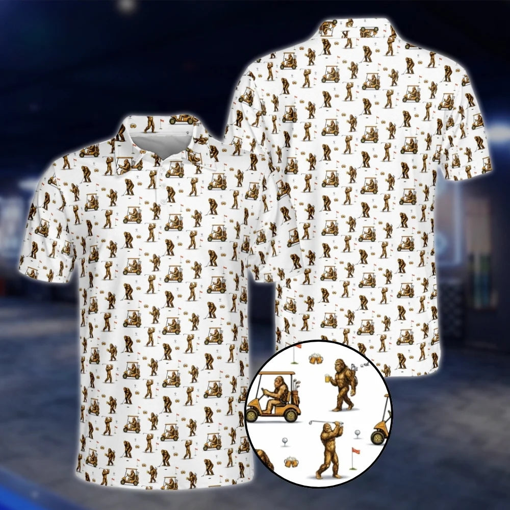 Bigfoot And Beer Pattern Men's White Golf Polo Shirts, Bigfoot Sasquatch Golf Shirts GOF0239