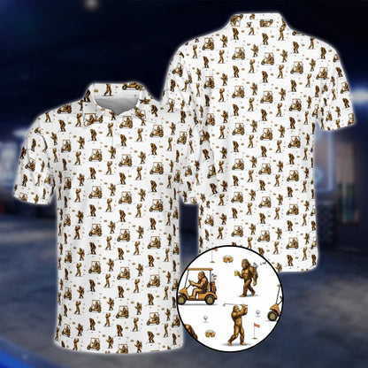 Bigfoot And Beer Pattern Men's White Golf Polo Shirts, Bigfoot Sasquatch Golf Shirts GOF0239