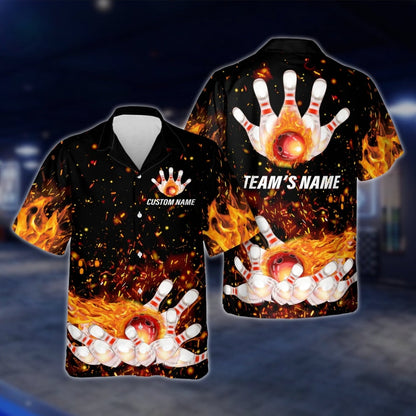 Custom Flaming Ball And Pins Bowling Hawaiian Shirt Mens, Custom Flame Bowling Shirts For Team BZ0139 BOW0290