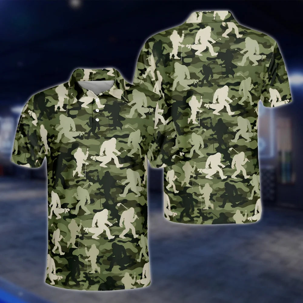 Bigfoot Sasquatch Mens Green Camouflage Golf Polo Shirts, Bigfoot Golf Shirt GOF0194