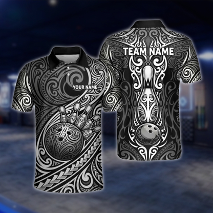 Personalized Tribal Black Grey Bowling Polo Shirt Men, Custom Tribal Bowling Shirt For Team BZ0933 BOW0005