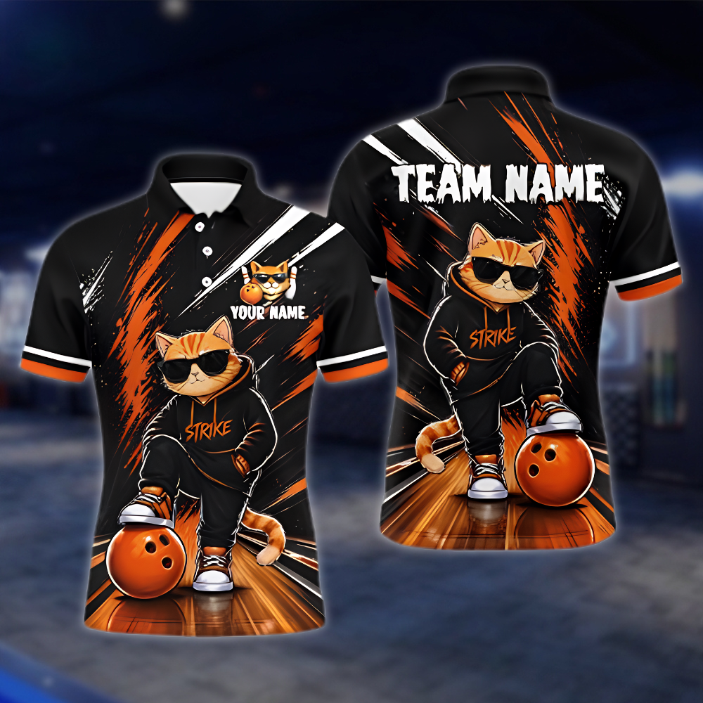 Personalized Funny Cat Bowling Mens Polo Shirt, Custom Cat Bowling Team Shirts BZ0877 BOW0066