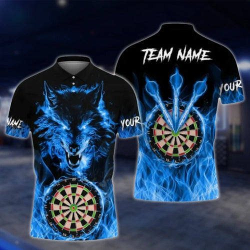 Custom Wolf Fire Blue Men's Dart Polo Shirt, Custom Wolf Darts Shirts For Team DAT0423