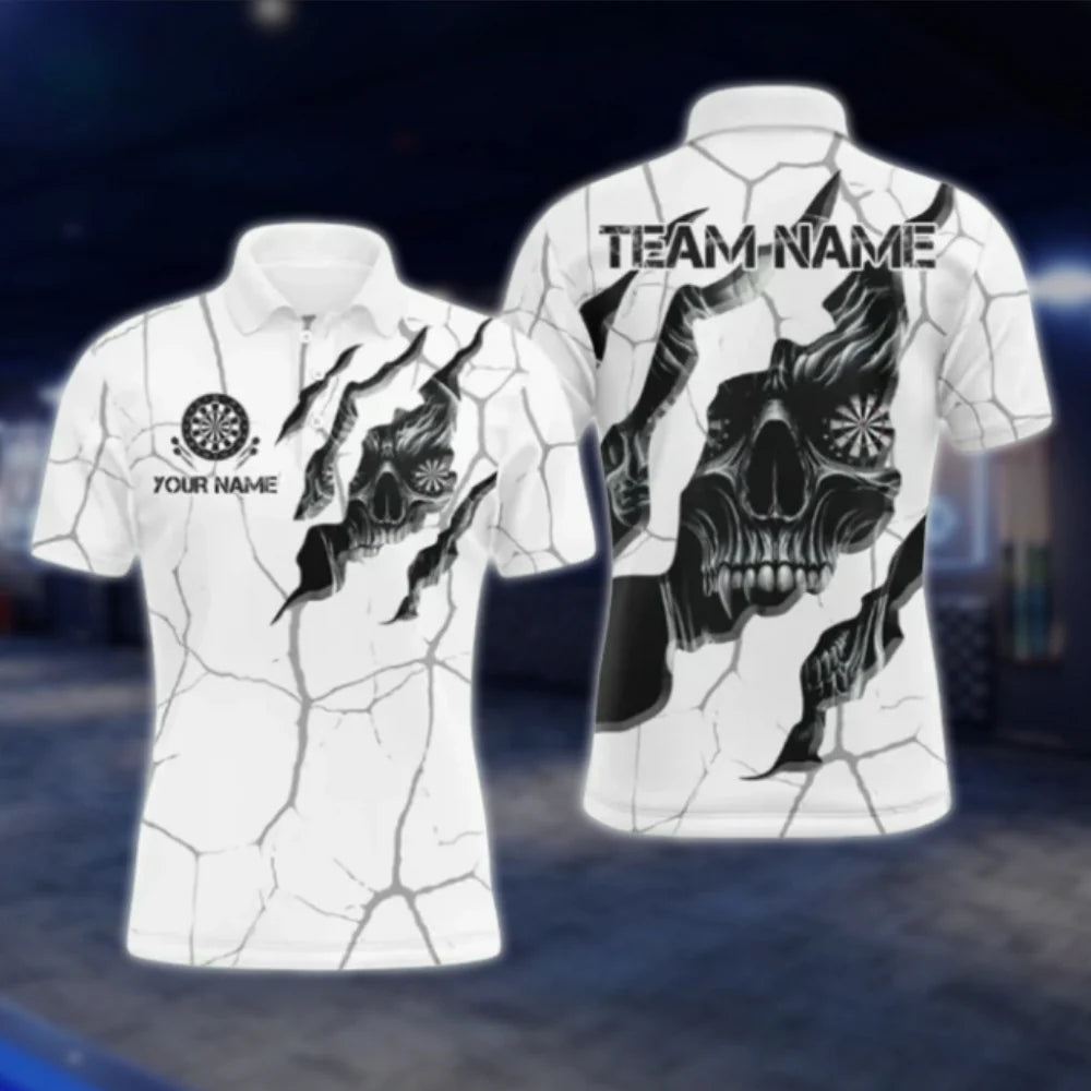 Custom Skull White Black Dart Mens Polo Shirt, Custom Skull Dart Team Shirts DAT0335