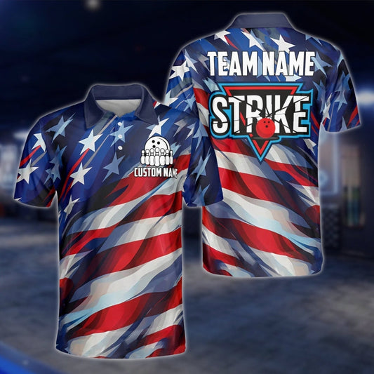 American Flag Neon Custom Mens Bowling Polo Shirt, Custom Team Patriotic Bowling Shirts BZ0050 BOW0265