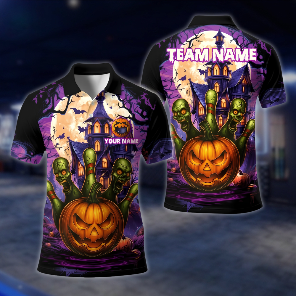 Personalized Skull Pumpkin Bowling Polo Shirt Mens, Custom Halloween Bowling Shirt For Team BE0249 BOW0033