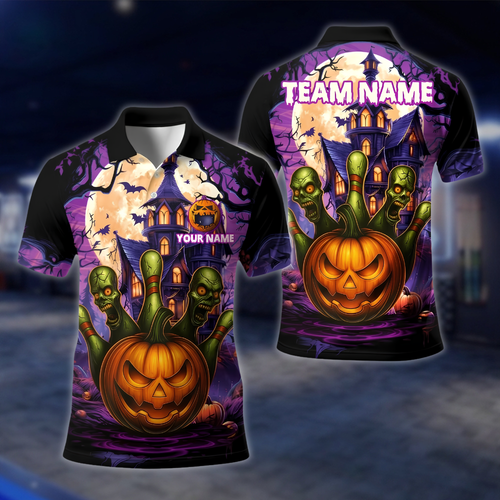 Personalized Skull Pumpkin Bowling Polo Shirt Mens, Custom Halloween Bowling Shirt For Team BE0249 BOW0033