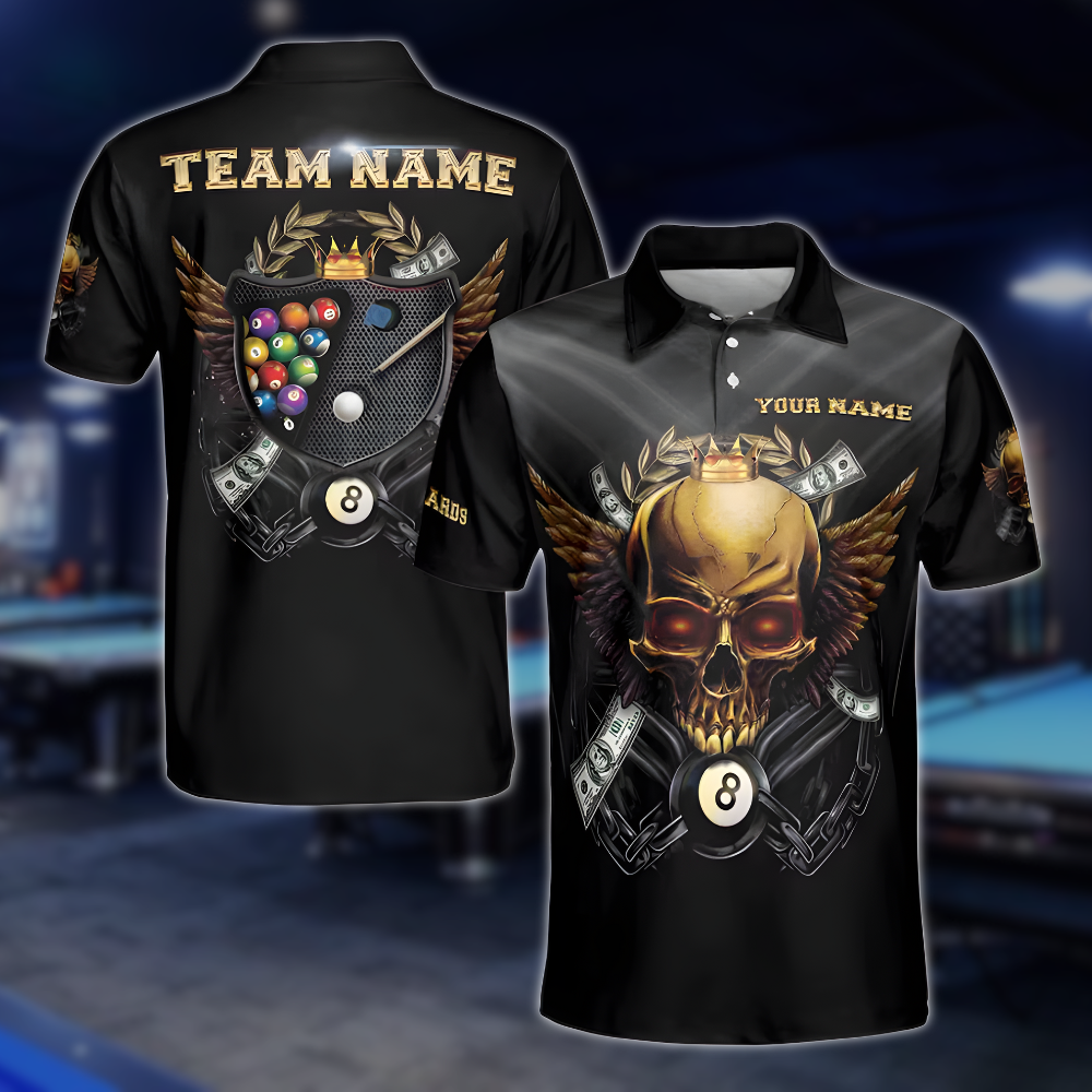 Custom Golden Skull Billiard Mens Polo Shirt, Custom Skull Billiard Shirts For Team BLD0124
