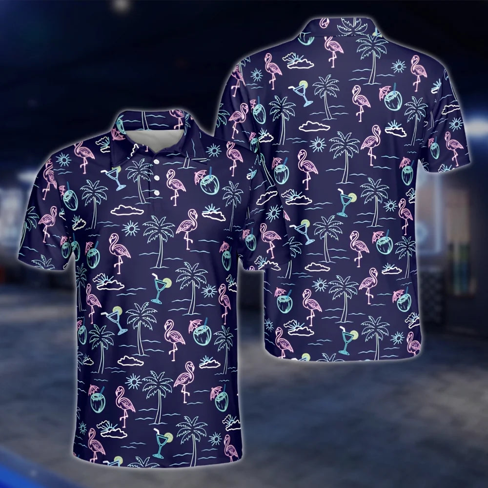 Neon Flamingo Tropical Mens Navy Golf Polo Shirts, Flamingo Golf Shirt GOF0192