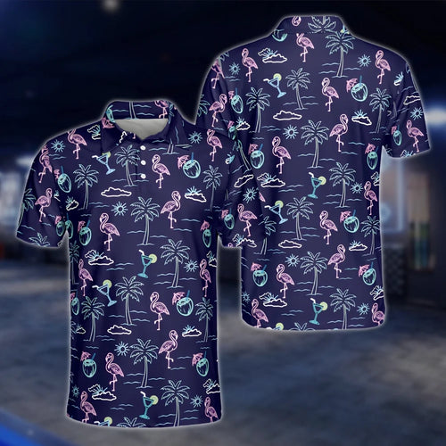 Neon Flamingo Tropical Mens Navy Golf Polo Shirts, Flamingo Golf Shirt GOF0192
