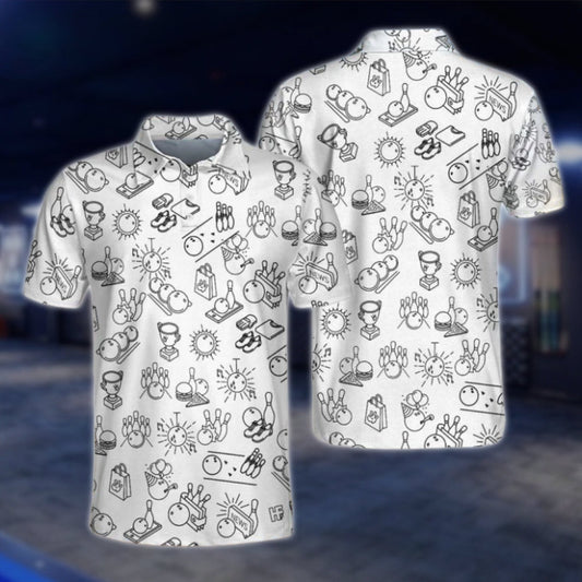 Bowling Pattern White Black Bowling Polo Shirt For Men, Men's Bowling Shirts BO0286 BOW0440