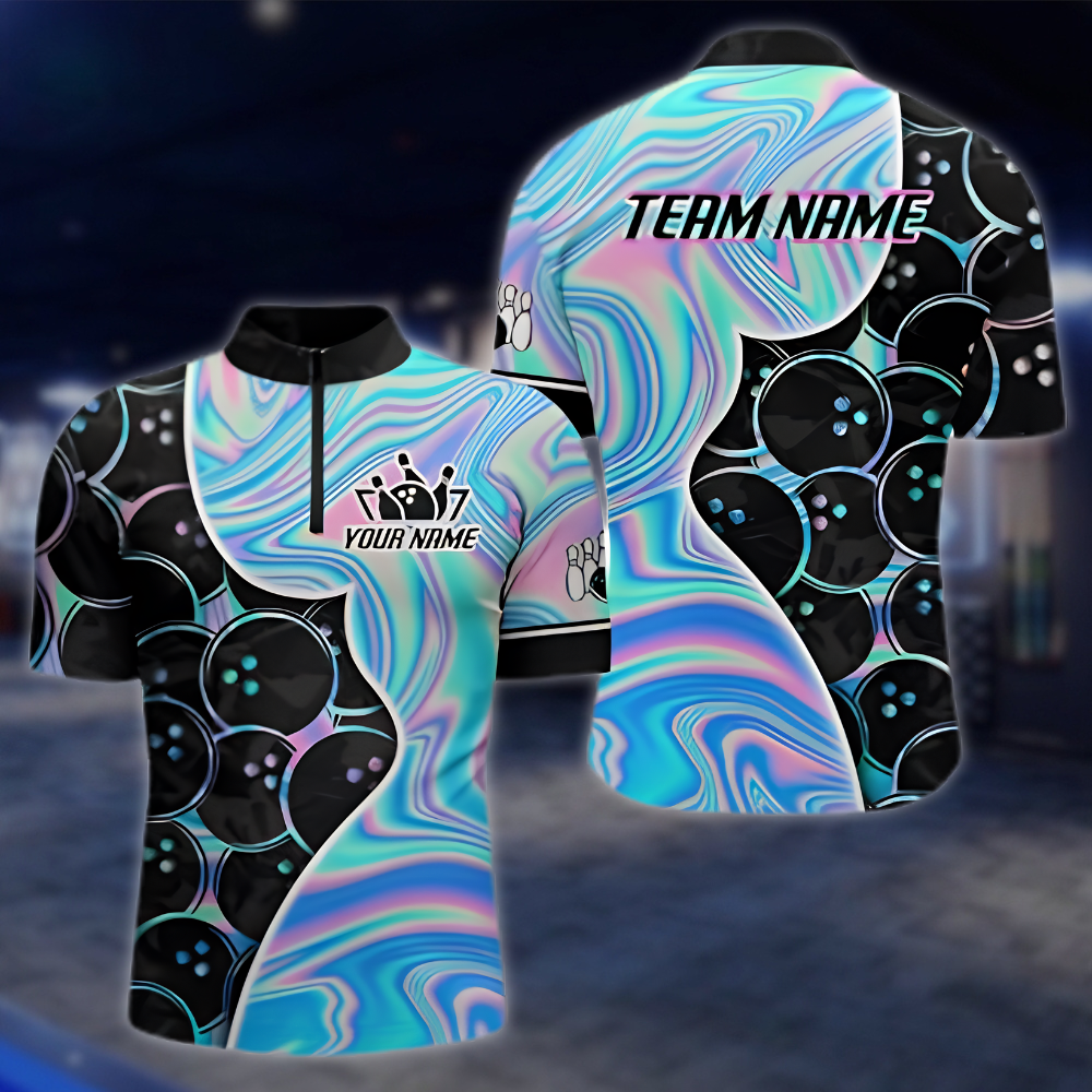 Personalized Hologram Cyan Black Bowling Jersey For Men, Custom Team Bowling Shirts BZ0889 BOW0054