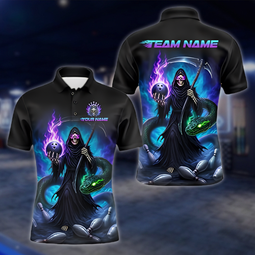 Personalized Skeleton Snake Bowling Polo Shirt Mens, Custom Skull Team Bowling Shirt BZ0915 BOW0011