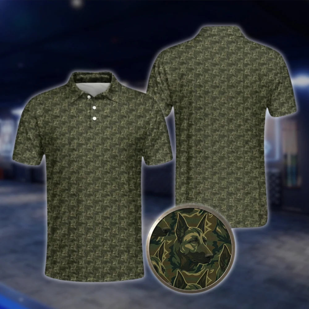 Camo German Shepherd Golf Polo Shirt Mens, German Shepherd Golf Shirt GOF0074