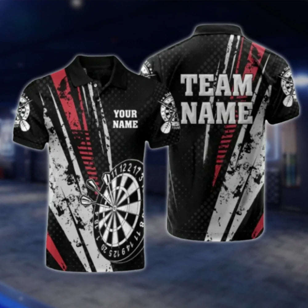 Custom Team Grunge Red Grey Dart Polo Shirt For Men, Custom Dart Shirts DAT0337