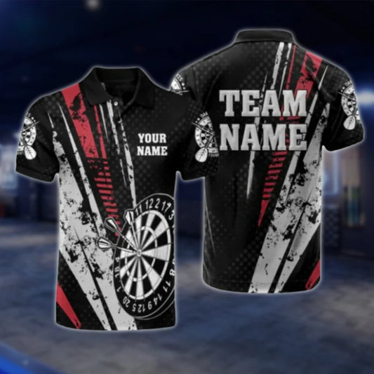 Custom Team Grunge Red Grey Dart Polo Shirt For Men, Custom Dart Shirts DAT0337