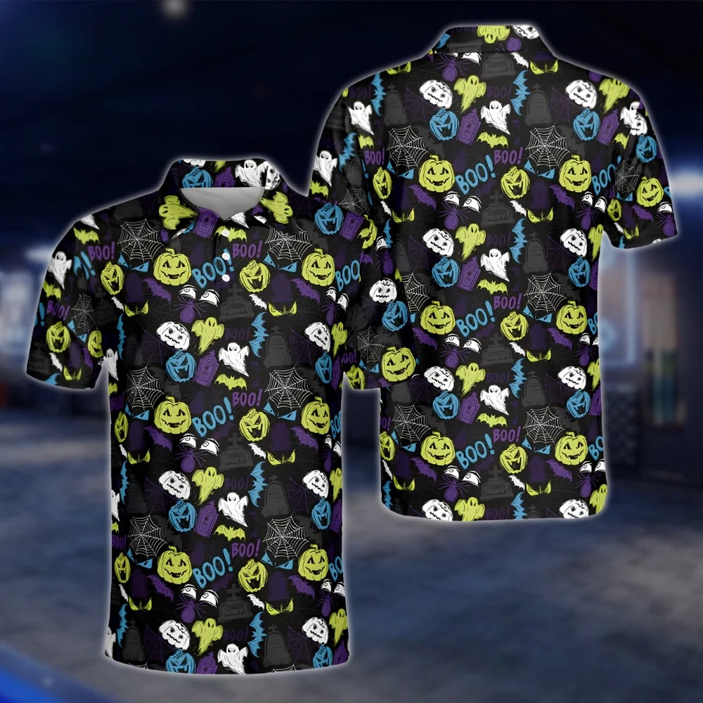 Pumpkin Ghost Black Green Golf Polo Shirt For Men, Halloween Golf Shirts GOF0163