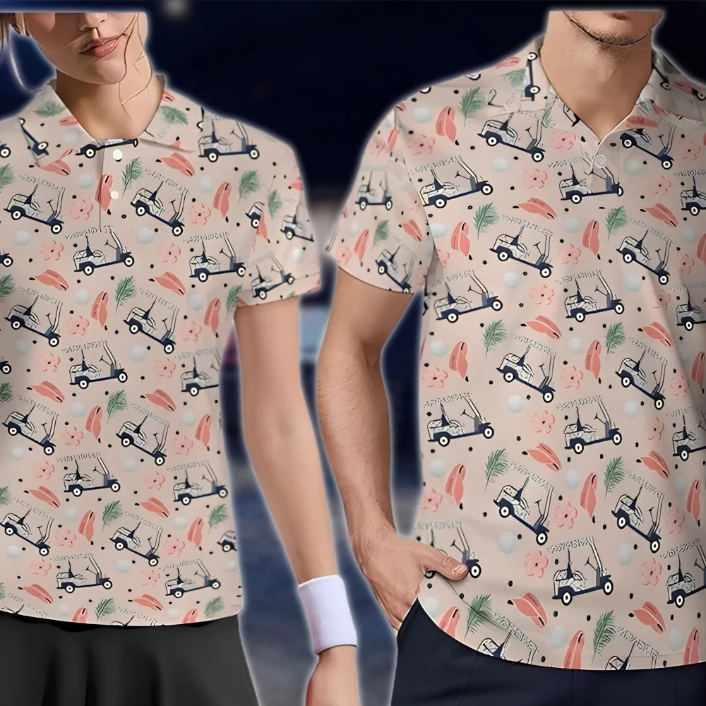 Tropical Golf Cart Matching His And Heer Golf Polo Shirt, Tropical Couple Golf Shirt GOF0117