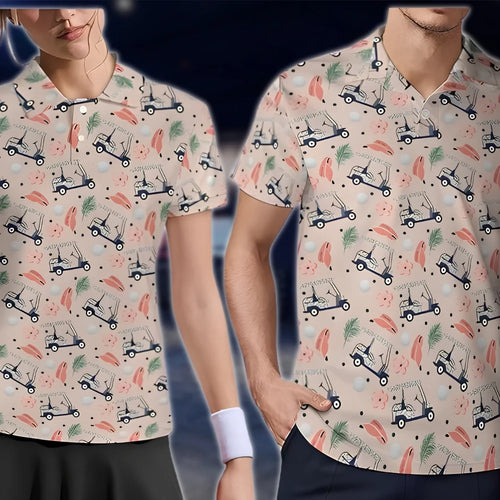 Tropical Golf Cart Matching His And Heer Golf Polo Shirt, Tropical Couple Golf Shirt GOF0117