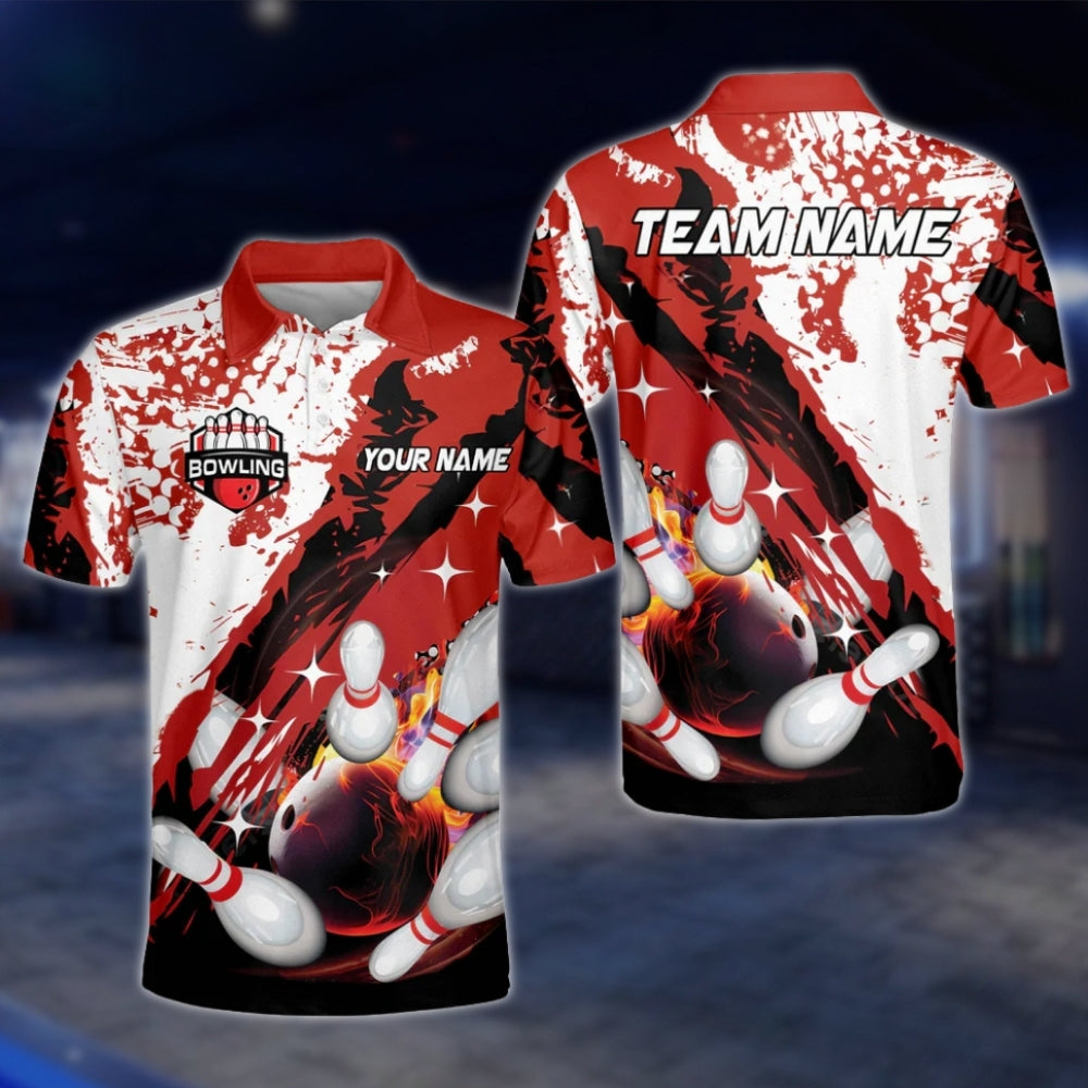Custom Team Red White Black Men's Bowling Polo Shirt, Custon Bowling Shirts BO0341 BOW0255