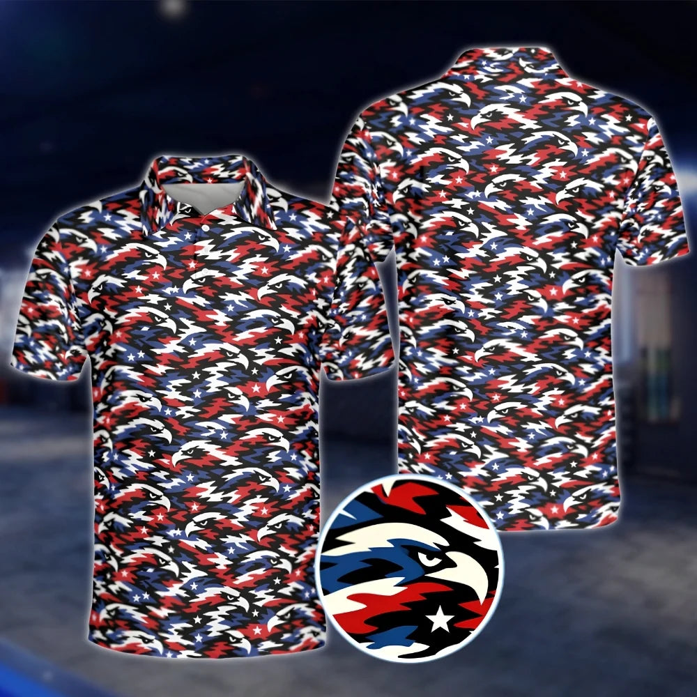 Eagle Red Blue White Pattern Mens Golf Polo Shirt, Patriotic Eagle Golf Shirts GOF0105