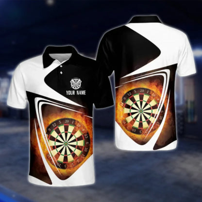 Custom Flaming Dartboard Men's Black White Dart Polo Shirt, Custom Dart Shirts DAT0252