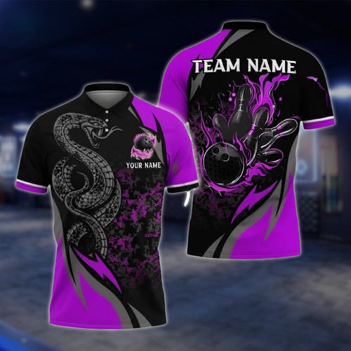 Snake Custom Purple Black Bowling Mens Polo Shirt, Custom Snake Bowling Team Shirts BO0411 BOW0396