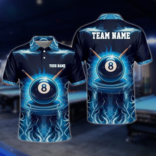 Custom Blue Flame Lightning 8 Ball Billiard Polo Shirt Mens, Custom Flame 8 Ball Pool Team Shirts BLD0154