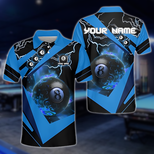Custom 8 Ball Billiard Polo Team Shirt For Men, Custom Black And Blue Billiard Shirts BLD0024